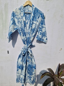 Women Blue Tropical Print Cotton <b>Kimono</b> Robe Boho Lightweight Bathrobe Summer <b>Kimono</b> <b>Beach</b> Cover Up Loungewear Robe - Product Image 4