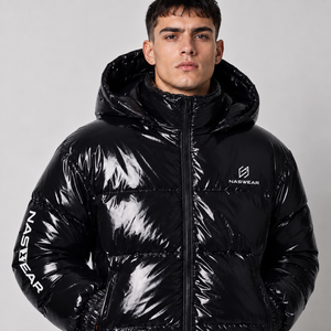 Unique Design Men's Black Hooded <b>Bubble</b> Jacket Waterproof Streetwear Winter <b>Coat</b> with Foil Print and Zipper <b>Bubble</b> Jacket - Product Image 5