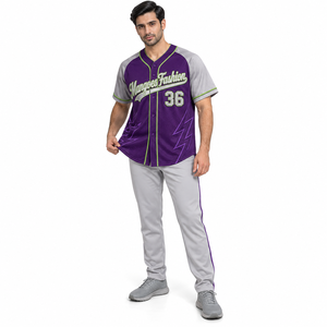 Camiseta de Béisbol para Hombre Mangoes Fashion, Manga Corta, Cierre de Botones, Color Morado Grisáceo, Absorbe la Humedad, Uniforme de Equipo, 100% Poliéster - Product Image 1