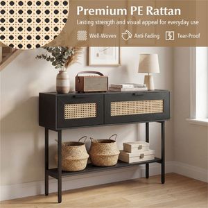 Consolle in Rattan Nero da 40 Pollici con Armadietti Contenitori, Robusta Struttura in Acciaio al Carbonio e Ripiano Aperto, Tavolo da Ingresso Livi in Marmo - Product Image 6