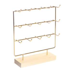 Three-tier golden metal <b>hook</b> jewellery display stand with sturdy rectangle wooden base, available at wholesale prices. - Product Image 1