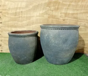 [Ecova装饰] 巨大的旧石粘土陶罐 -- 大喷砂陶瓷植物罐 -- 旧乡村骨灰盒镶边顶部边缘