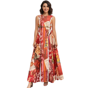 Robe longue élégante bohème à imprimé floral, sans manches, coupe trapèze, taille empire, en mousseline avec bordure en dentelle, pour femme, décontractée, été/printemps - Product Image 3