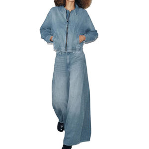 Chaqueta Bomber Vaquera Azul Claro Vintage Personalizada con Cremallera para Mujer y Hombre, Estilo Oversize Streetwear, Chaqueta Casual de Jean con Cintura Elástica - Product Image 5