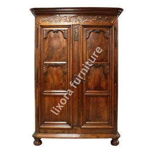 Luxury Handcrafted Solid Wood 2 Door <b>Wardrobe</b> Ornate Botanical Carving Antique Finish Armoire - Product Image 6