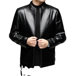 Hombres Otoño Invierno Negro Faux Fur Abrigo de cuero real de gran tamaño de manga larga con cremallera Stand Collar Chaqueta gruesa - Product Image 4