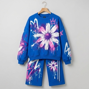 Ensemble de survêtement pour femmes, bleu, motif floral graffiti, sweat-shirt oversize, pantalon large, streetwear, mode décontractée, tenue en deux pièces - Product Image 2