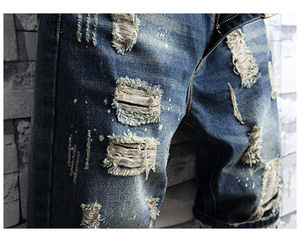 Shorts en jean droit taille mi-haute pour homme, déchirés, délavés, style streetwear décontracté en coton pour l'été - Product Image 3