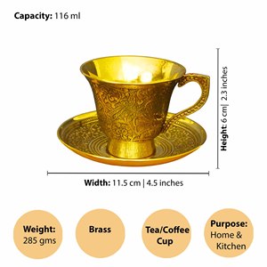Taza y Platillo de Té de Latón con Diseño Floral Tallado, Juego de Té Redondo, Dorado Pulido, Vajilla Decorativa para Regalo - Product Image 2