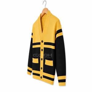 Cosh International Custom Logo Women's Yellow <b>Black</b> Contrast Color Knitted V-Neck <b>Long</b> Sleeve <b>Cardigan</b> <b>With</b> <b>Pockets</b> - Product Image 4