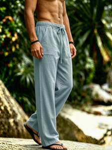 Pantalon décontracté d'été ample pour homme KLTW INT'L, gris clair, coupe large, en lin et coton respirant, léger, taille élastique avec cordon de serrage - Product Image 4