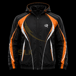 Ensemble de survêtement streetwear pour homme grande taille, noir et orange, imperméable et coupe-vent, avec fermeture éclair intégrale, capuche, design sportif, poches latérales, 100% coton - Product Image 2