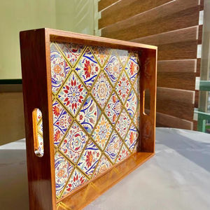 Plateaux de service en bois de style Art déco, élégants et haut de gamme, à motif végétal, de forme ovale, pour les tables de mariage - Product Image 1