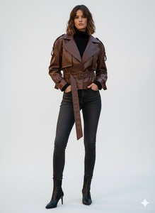 Manteau trench court en similicuir de haute qualité pour femme, veste biker en PU à double boutonnage avec ceinture ajustable, vêtement d'extérieur streetwear - Product Image 6