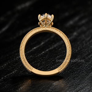 Bague de fiançailles de luxe personnalisée en diamant taille marquise hollandaise de 3 carats, gravée vintage, avec anneau épais et 6 griffes - Product Image 2