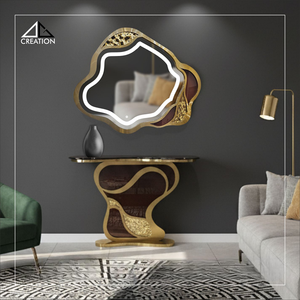Décorez votre intérieur avec ce luxueux ensemble miroir et console en acier inoxydable PVD écologique, un chef-d'œuvre mural au design moderne. - Product Image 5