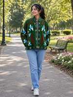 Blazer pour femme Karam Industries, fabriqué à la main en Inde, en velours vert émeraude, broderie Suzani, 300 GSM, manches longues, motif floral colibri