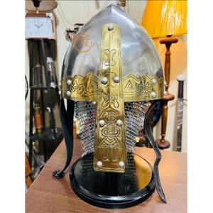 Casque de Viking en fer poli plaqué argent-or, fait main, calibre 18, avec gravures en laiton, en maille de fer, pour Halloween et Thanksgiving - Product Image 6
