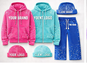 Conjunto de Sudadera con Capucha y Pantalones Deportivos de Forro Polar 100% Algodón Transpirable para Invierno, Color Rosa con Pedrería, con Cremallera, y Gorro a Juego, Estilo Urbano para Hombre - Product Image 5