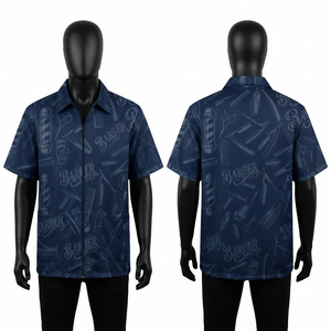 Veste de barbier en polyester premium 180 GSM, bleu marine, manches courtes, fermeture éclair sur le devant, impression par sublimation personnalisée, motif d'outils de barbier - Product Image 1