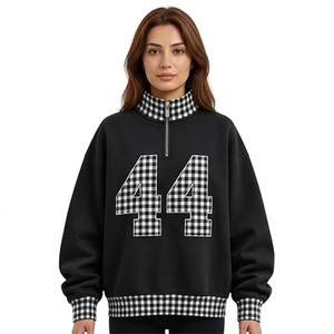 <b>Women</b> Oversized Quarter Zip <b>Sweatshirt</b> Plaid Collar Number 44 Graphic <b>Black</b> Knitted Fleece Autumn Style - Product Image 1