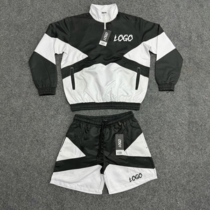 Chaqueta cortavientos con capucha 100% algodón estilo chándal con cremallera de un cuarto y pantalones cortos de secado rápido, traje para exteriores, pantalones cortos cortavientos forrados personalizados - Product Image 2