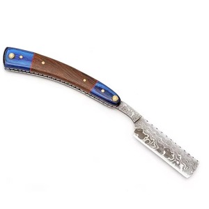 Navaja de afeitar recta de acero de Damasco forjada a mano con funda de cuero, cuchillo de afeitar vintage con mango de madera, navaja de barbero de cuchilla fija - Product Image 1