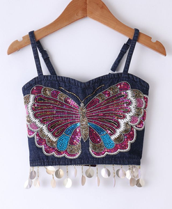 Haut sans manches en denim tissé Twisha avec broderie placée et lehenga imprimé - Bleu et rose - Product Image 2