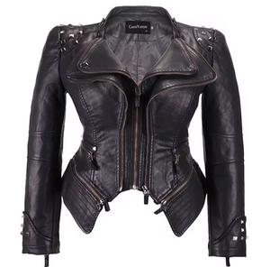 Veste de moto en cuir véritable Chouyatou, col montant, fermeture éclair, décoration à rivets, coupe ajustée, longueur standard, devant - Product Image 6