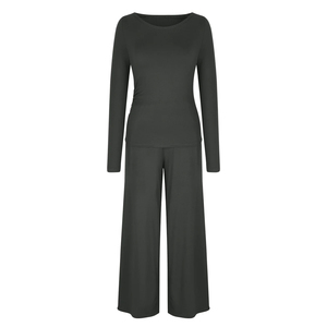 Conjunto de Yoga de 2 Piezas para Mujer, Top de Manga Larga con Cuello Redondo, Pantalones Anchos de Cintura Alta, Color Sólido, Transpirable, Spandex, Poliéster, para Entrenamiento - Product Image 2