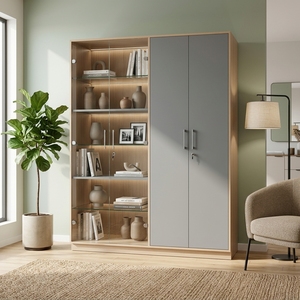 Mueble de Salón Moderno con Puertas de Vidrio y Paneles Gris Oscuro, Estantes Ajustables, Mueble de Almacenamiento de Madera - Product Image 6
