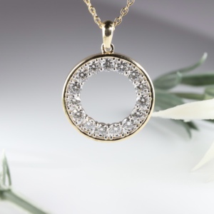Luxury Yellow Gold Round Cut Lab Grown Diamond Eternity Halo Link Pendant Necklace for Women Engagement & Anniversary <b>Gift</b> - Product Image 3