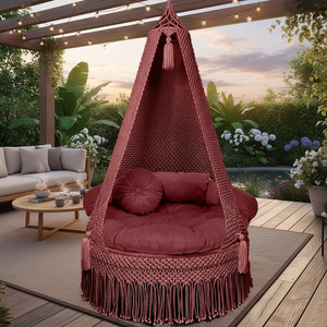 Fauteuil suspendu en macramé marron de 72 pouces avec coussin en velours, pompons et corde pour intérieur, extérieur, jardin, chambre - Product Image 5
