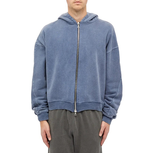 Unisex Blue Cotton Hooded Zipper Sweatshirt Regular Fit Casual Autumn Style French Terry Knitted Full Zip Hoodie - Product Image 3