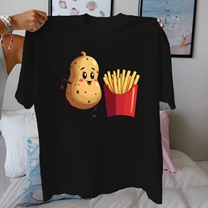 Camiseta informal de algodón 100% para mujer con estampado de dibujos animados de patatas fritas, ajuste cómodo - Product Image 2