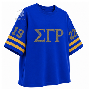 เสื้อยืดชมรมหญิง Sigma Gamma Rho ประดับคริสตัลวิบวับ สีน้ำเงินทอง ตัวอักษรกรีก คอกลม แขนลายทาง ทรงหลวม พิมพ์ลายกราฟิก - Product Image 2
