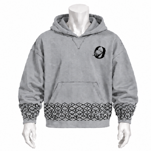 Sweat-shirt à capuche gris chiné avec bordure brodée, coupe oversize, ourlet et poignets géométriques, poche kangourou, décontracté, hiver - Product Image 1