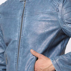 Men's Blue Washed Cow Leather Moto <b>Jacket</b> Stand Collar Zipper Closure <b>Slim</b> <b>Fit</b> Autumn Biker Style Regular Sleeve - Product Image 6