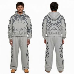 Conjunto de Sudadera con Capucha y Pantalones Deportivos de Felpa 100% Algodón, Estampado, Corte Holgado, Estilo Casual Urbano para Invierno - Product Image 3