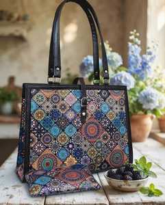 <b>Elite</b> Craft Studio Lady Minimalist Lightweight Hand-painted Floral Velvet Water Resistant Structured Tote Bag Shoulder <b>Strap</b> - Product Image 3