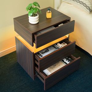 <b>Walnut</b> LED Nightstands 3-Drawer Dresser with Acrylic Board Bedside <b>Tables</b> for Bedroom End <b>Table</b> - Product Image 5