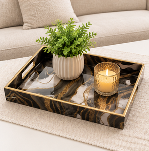 Luxury <b>Black</b> Marble Resin Serving Tray Set Handmade Decorative Coffee <b>Table</b> Ottoman <b>Vanity</b> Display Tray Set Custom - Product Image 5