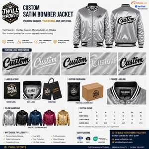 Custom Men's <b>Silver</b> Bomber <b>Jacket</b> Stand Collar Embroidered Front Logo Pullover Closure Satin Finish Casual Streetwear Winter - Product Image 2