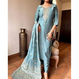 DESIGNER VISCOSE CHANDERI SÉQUENCE CODAGE BRODERIE TRAVAIL HAUT BAS AVEC DUPATTA SKY - Product Image 1