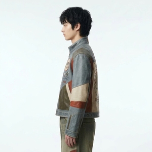 Blouson de motard pour homme en cuir gris chiné, avec motif 'Knuckle Wrap' et graphique d'arts martiaux, thème sportif - Product Image 4