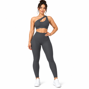 Conjunto de sujetador deportivo de yoga gris con espalda descubierta y leggings de cintura alta de longitud completa, 2 piezas, ropa deportiva elástica en cuatro direcciones, ecológica - Product Image 2