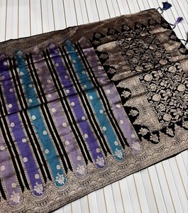 ผ้าซารีลายแจ็คการ์ดแบบราชวงศ์ ผ้าซารีจอร์เจตต์สีทองอร่าม ผ้าซารีผ้าเครปแบบดั้งเดิม ผ้าซารีลายทอแบบจารี ผ้าซารีลายทอแบบราชวงศ์ ผ้าซารีดีไซเนอร์ - Product Image 6
