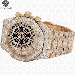 Charm_Jewells Luxury Gold Diamond Encrusted <b>Chronograph</b> Watch Analog Quartz Men's Fashion 42mm Round Case Folding Clasp - Product Image 4