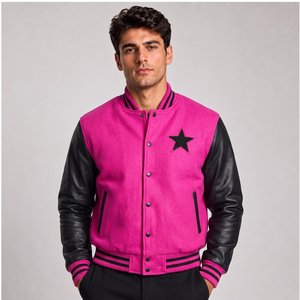 Men's Purple Varsity <b>Jacket</b> Black Leather Sleeves Embroidered <b>Star</b> Patch Casual Autumn Wear Regular Fit - Product Image 4