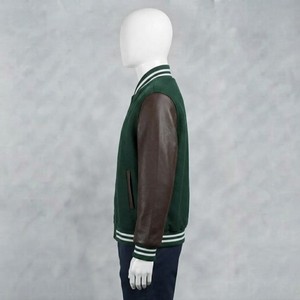 Veste de sport verte pour homme, manches en cuir PU, col rabattu, vêtement décontracté d'automne, fermeture à boutons, coupe classique - Product Image 3